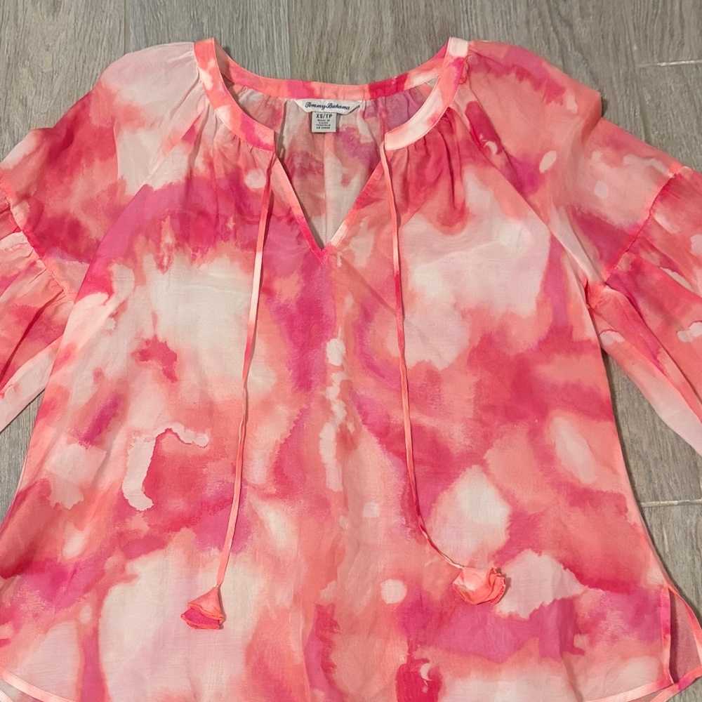 LIKE NEW! Women's Tommy Bahama Watercolor Cotton Pink Tie Dye Peasant Top - XS